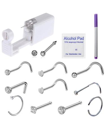 MRNLDB Self Nose Piercing Gun, Disposable Safe Nose Piercing Kit, Nose Stud Piercing Kit Tool with 10 Pcs Nose Screws Studs Rings and Marker (White)