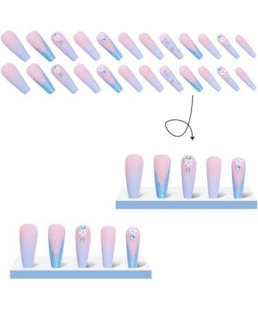 qazaa 24Pcs Pink Blue Gradient Camellia False Nails Long Coffin Nail Tips Detachable Press on Nails Manicure Glitter Nails - Buy Online on GoSupps.com