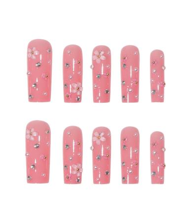 Justotry 24-Piece Floral Coffin Nails Set - Pink French Press-On Nails with Rhinestones & Pearls - Artificial Ballerina Fake Nails for Women - Buy Online on GoSupps.com