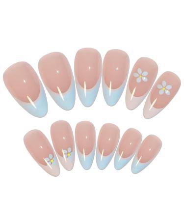 Runrayay Blue Flower Press on Nails - Medium French Tips | Nude Full Cover Fake Nails for Women & Girls - Perfect Spring Nail Art - Buy Online on GoSupps.com