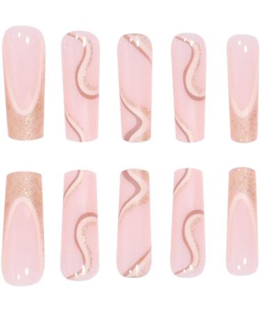 JUSTOTRY 24 Pcs Glitter French Gold Press on Nails | Pretty Pink Medium Ballerina Fake Nails Set with Glue for Women - Acrylic Coffin False Nails - Buy Online on GoSupps.com