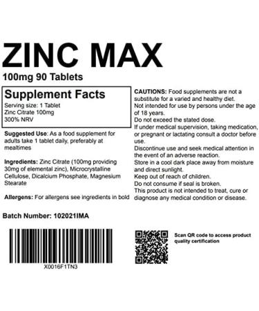 Zinc Max 100mg 90 Tablets | Pharmaceutical Grade Zinc Supplement - Buy Online on GoSupps.com