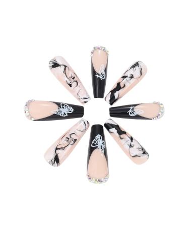 Brishow Beige French Long Press-On Nails with Black Butterfly | 24-Piece Ballerina Acrylic Set for Women & Girls - International Shipping Available - Buy Online on GoSupps.com