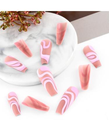 Sethexy Coffin Matte False Nails - Snake Line Abstract Pink Art 24pcs Acrylic Press-On Fingernails for Women & Girls - Buy Online on GoSupps.com