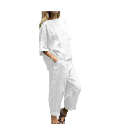 Bijerou two -part set for women casual single -color circular neckline top and pants made of cotton linen wedding outfit women white 4xl