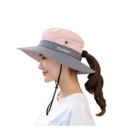 HSELL Womens UV Protection Wide Brim Sun Hats Cooling Mesh Ponytail Hole Cap Foldable Travel Outdoor Fishing Hat Pink