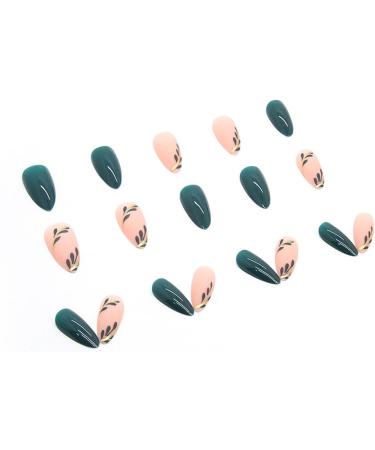 Dark Green Almond False Nails - 24Pcs French Fake Nails with Leaves Design - Short Oval Nail Tips for Women - Acrylic Press On Nails for Girls - Buy Online on GoSupps.com