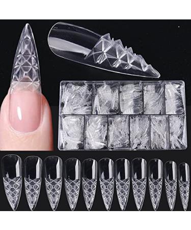 Colored Glaze False Nails Tips Stiletto Trapezoid False Fake Nails Concave Convex Acrylic Long Nails Full Cover Clear Artificial Nails for DIY Nail Art (About 408 Pcs-Stiletto)