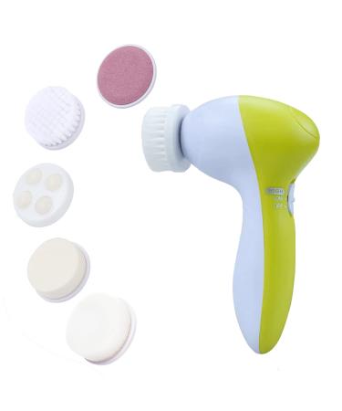 Facial Cleansing Brush - Facial Scrubber for Skin Cleansing  Exfoliating  and Massaging - Waterproof with 5 Interchangeable Heads (Green)