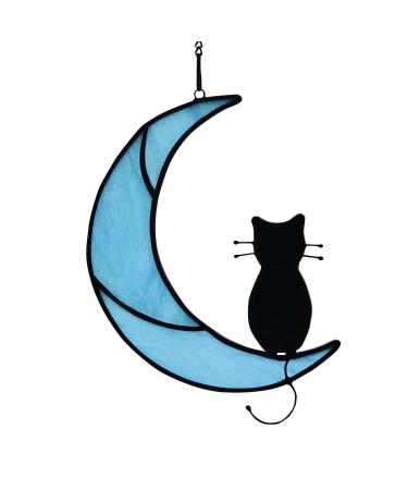 BOXCASA Cat Decor On Blue Moon Suncatcher Decoration,Cat Memorial Stained Glass Window Hanging Black