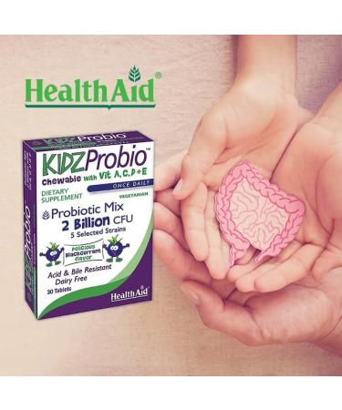 KidzProbio Chewable 2 Billion CFU 5-Strain Probiotic for Kids with Prebiotic & Vitamins A C D & E | Blackcurrant Flavor 30 Daily Chewables Dairy-Free Vegetarian Acid & Bile Resistant - Buy Online on GoSupps.com