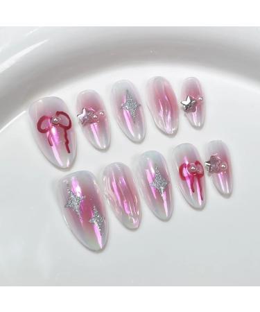 10Pc Blush Powder Almond False Nails Relief Hand drawn Bow Star Design Press on Nails Handmade Full Cover False Nail Tips(Color:6 Size:M)
