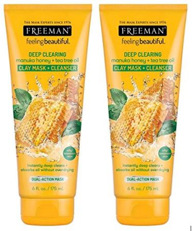 Freeman Facial Manuka Honey + Tea Tree Clay Mask+Cleansr 6 Ounce (175ml) (2 Pack)