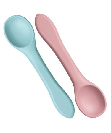 2Pcs Baby Spoons Weaning Spoons Silicone Feeding Training Toddler Spoon Toddler Cutlery Spoon Set for Feeding(Morandi Pink/Morandi Blue)
