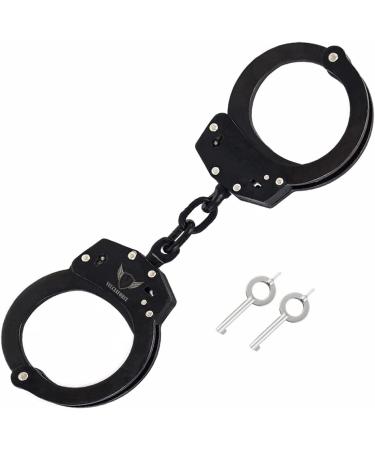 vulcanforce Handcuffs Law Enforcement - Heavy Duty Steel Chain Hand Cuffs - Includes 2 Keys - Extra Sturdy Double Lock - 16 Locking Positions Fit Most Wrists - Perfect for Security, Training Black