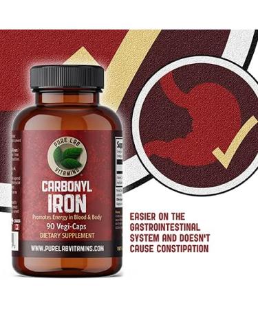 Pure Lab Vitamins Carbonyl Iron 90 Vegan Caps - High Bioavailability with VIT C - Non-Constipating Red Blood Cell Support - Made in Canada - Buy Online on GoSupps.com