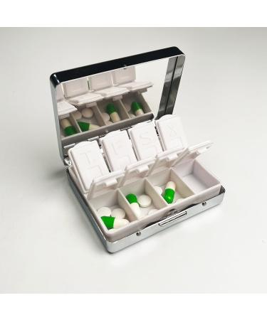 Vintage Poison Caution 7 Days Pill Organizer - Chromed Silver Rectangle Box with Mirror & 8 Compartments - International Shipping Available - Buy Online on GoSupps.com