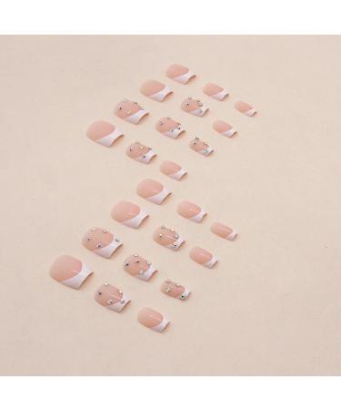 24Pcs Short Square Press-On Nails | White French Tip Acrylic Nails with Rhinestone | Full Cover Stick-On Nails for Women & Girls | DIY Manicure Art Supplies - Buy Online on GoSupps.com