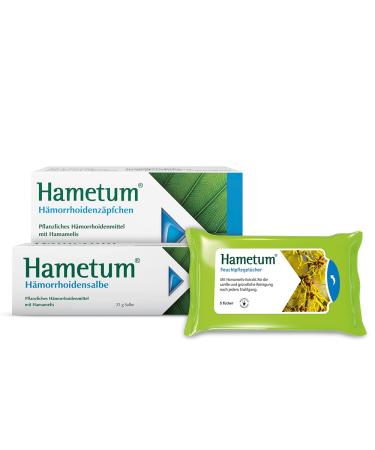 Hametum Hemorrhoids Set |25g ointment |10 suppositories and moisture care cloths |Vegetable drug with hammamelis |anti -inflammatory |relieves itching and burning |well -tolerated