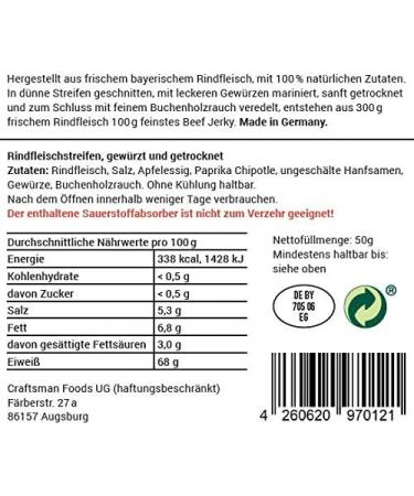  CRAFTSMAN FINEST FOODS Craftsman Beef Jerky Hemp 500 g | Made in Germany - Bavaria | Jerky Beef Set 10 x 50 g | 100% Natural | 100% Beef | High Protein 68% | Dry Meat Biltong Hemp | Sugar Free - Buy Online on GoSupps.com