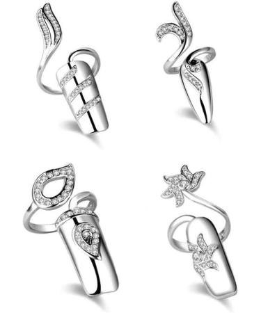 4 PCS Rhinestone Finger Tip Nail Rings - Adjustable Opening Nail Art Charms in Silver Women's Fashion - Buy Online on GoSupps.com