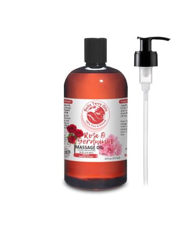 Rose and Geranium Massage Oil without Mineral Oil. 16 oz. Full Body Massage Therapy. Soothes Body and Mind. Made with Olive Oil Sesame Oil Sunflower Oil Aloe Vera Geranium Oil Rose Oil.