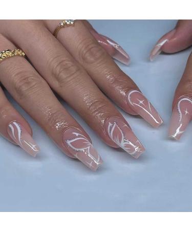 Foccna Butterfly Fake Nails Artificail Extra Long Press on Nails Glitter Acrylic Pink Full Cover Fake Nails with Design Nail Tips for Women&Girls 24PCS Pink 24 Piece Set