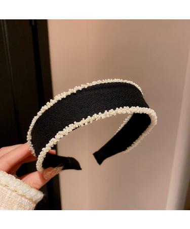 Wiwpar Wide Beaded Headband Simple Beads Headpiece Beaded Hair Hoop Elastic Hair Band Black for Women and Girls