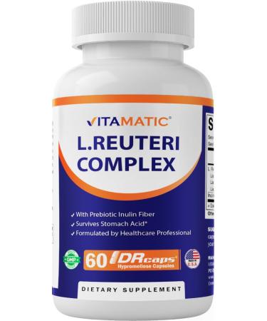 Vitamatic Lactobacillus Reuteri Complex 22 Billion CFU per Delayed Release Capsule 60 Capsules Digestive & Gut Health Support with Prebiotic Inulin Fiber 60 Count (Pack of 1)