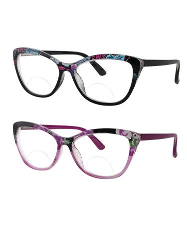 Hyyiyun 2 Pairs Cat-eye Bifocal Reading Glasses Women With Spring Hinge, Designer Floral Printed Frame Readers 1 Purple Flower Pattern & 1 Black Flower Pattern 2.5 x