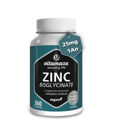 Zinc Bisglycinate 25 mg - Acne, Skin and Immune System - 360 Tablets for 1 Year - Vegan and Highly Bioavailable - Vegan Food Supplement Without Additives - Made in Germany