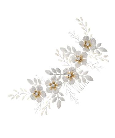 Ipetboom 1pc White Leaf Comb Rhinestone Headpiece Pearl Hair Ties Bridal Hair Comb Beautiful Hair Accessory Bridal Floral Side Comb Prom Hair Clips Hair Pin Grace Bride Alloy Crystal Flower