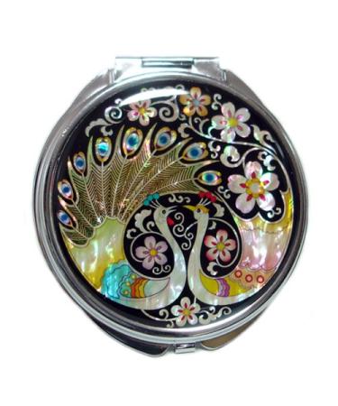 Mother of Pearl Peacock Pair and Flower Design Double Compact Magnifying Purse Mirror