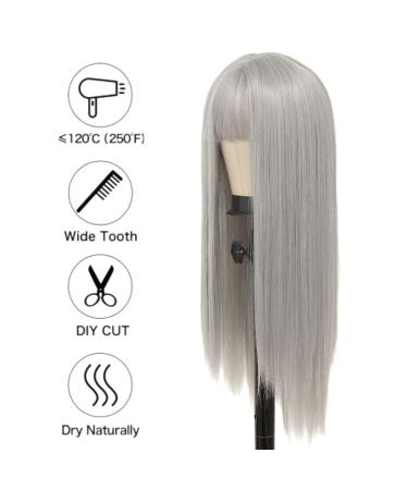 Siudus Women Grey Straight Long Wig with Bangs | Synthetic Heat Resistant Fiber for Daily Cosplay - International Shipping Available - Buy Online on GoSupps.com