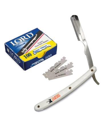 Stainless Steel Professional Barber Straight Edge Razor with 100 Lord Single Edge Razor Blades (White)