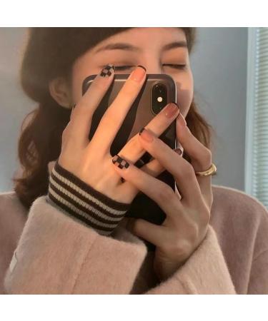 French Tip Press on Nails - Short Square Press On Nails with Nail Tips Checkerboard French Black Edge Design Naked color press on nails Acrylic False Nails Cute Artificial Nails - Buy Online on GoSupps.com