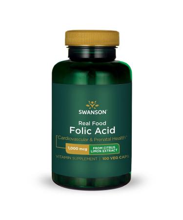 Swanson Real Food Folic Acid Folate Vitamin B-9 Cardiovascular Prenatal Health from Citrus Limon Extract Vegan Gluten-Free Non-GMO B9 1000 mcg 100 Veggie Capsules (Caps)