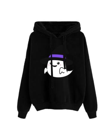 Halloween Costumes Sleeve Halloween Print Hoodie Stylish Loose Top Womens Thick Sweatshirt Black 3X-Large