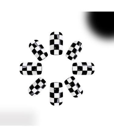 Short Square Press On Nails - Black White Checkerboard Design Reusable Full Cover Stick On Nails Kit for Women - Buy Online on GoSupps.com