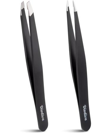 2-Pack Tweezers for Eyebrows, Facial Hair, Ingrown Hair Removal, Slant and Point Tip Tweezer Set for Women and Men, Professional Stainless Steel Precision Eyebrow Plucking Grooming with Case - Black - Buy Online on GoSupps.com