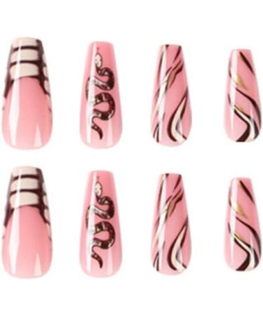 Justotry 24 Pcs Long Snake White French Press on Nails - Medium Pink Ballerina Stick on Nails for Women - Acrylic Coffin False Nails with Glue for Nail Art - Buy Online on GoSupps.com