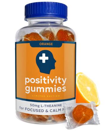L-Theanine Positivity Gummies Fast-Acting Stress Relief Focus Relaxation Calm | Orange | Take Day or Night Neuroprotective Amino Acid Boosts Alpha Brain Waves (30ct Individually-Wrapped)