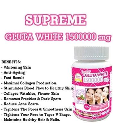 Supreme Gluta White 1500000mg Whitening & Anti Aging Capsules - Reduce Freckles, Fast Action Softgel | 30 Tablets - Buy Online on GoSupps.com