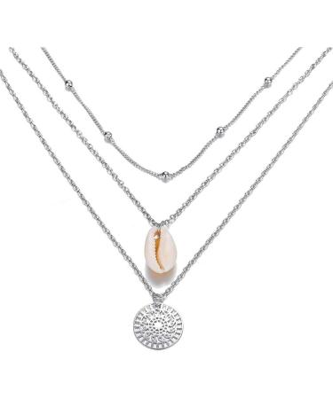 Layered Coin Pendant Necklace | Silver Shell & Beads Jewelry for Women | Boho Style Fashion - Buy Online on GoSupps.com