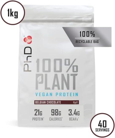 PhD Nutrition 100% Plant Vegan Protein Powder - Rich in BCAA, Low Calorie Belgian Chocolate - 1kg Bag (40 Servings) - Buy Online on GoSupps.com