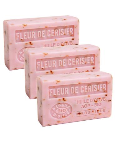 Savon de Marseille - French Soap Made With Pure Organic Olive Oil and Shea Butter - Cherry Blossom Fragrance - 125 Gram Bars - Set of 3