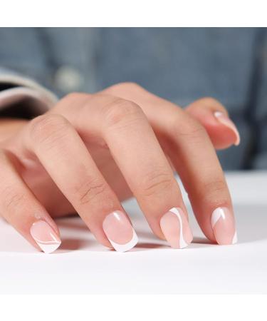 24Pcs Short Square French Press on Nails - White Swirl Design False Nails for Women & Girls - Buy Online on GoSupps.com