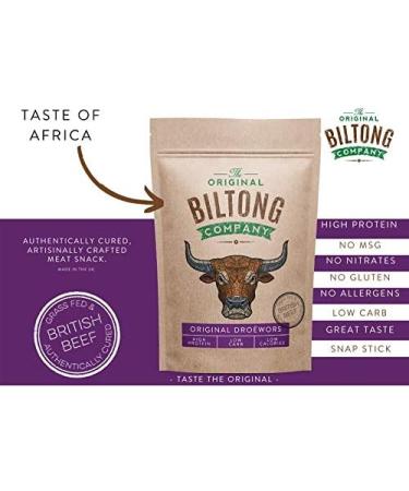 The Original Biltong Company Original Dro wors- Traditional South African Meat Snack, High in Protein - 250g Pack - Buy Online on GoSupps.com