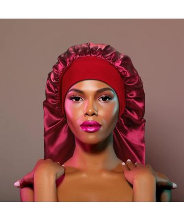 2 Pcs Long Silky Satin Sleep Bonnet Set for Curly Hair, Dreadlocks & Braids - Black+Wine Red - Buy Online on GoSupps.com