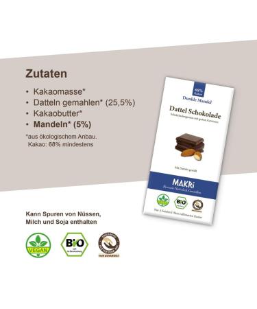 Buy Makri Bio Dattel Chocolate - Vegan No Refined Sugar Dark Almond 68% - Fair Trade Treats (5 Plates) - International Shipping Available - Buy Online on GoSupps.com